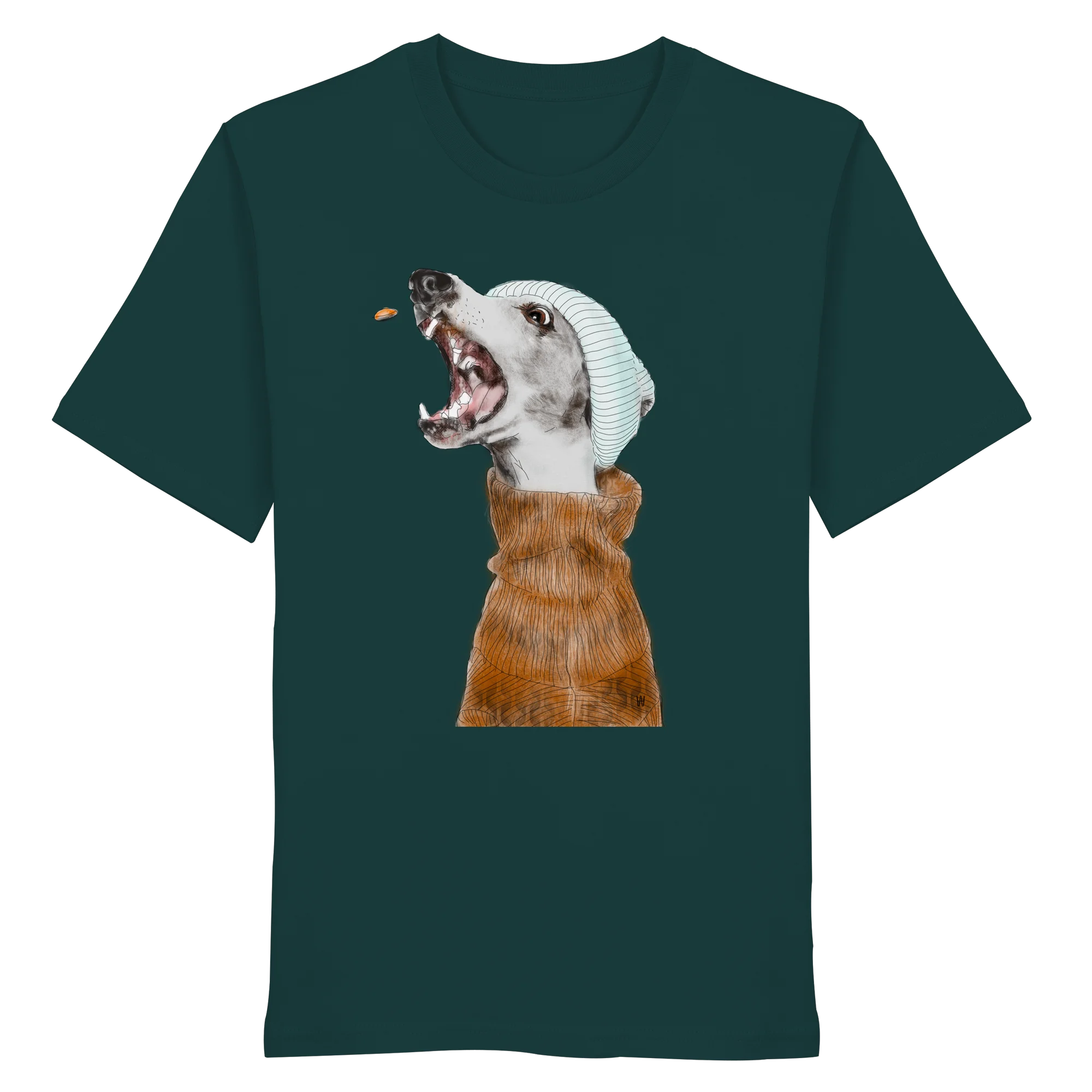 Ein männliches Model trägt die handgezeichnete Whippet-Illustration Fokussiert auf einem Bio-T-Shirt in Dunkelgrün