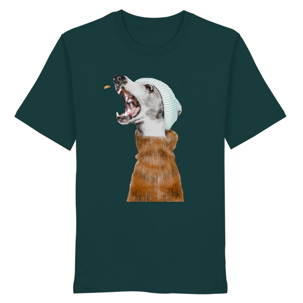 Ein männliches Model trägt die handgezeichnete Whippet-Illustration Fokussiert auf einem Bio-T-Shirt in Dunkelgrün