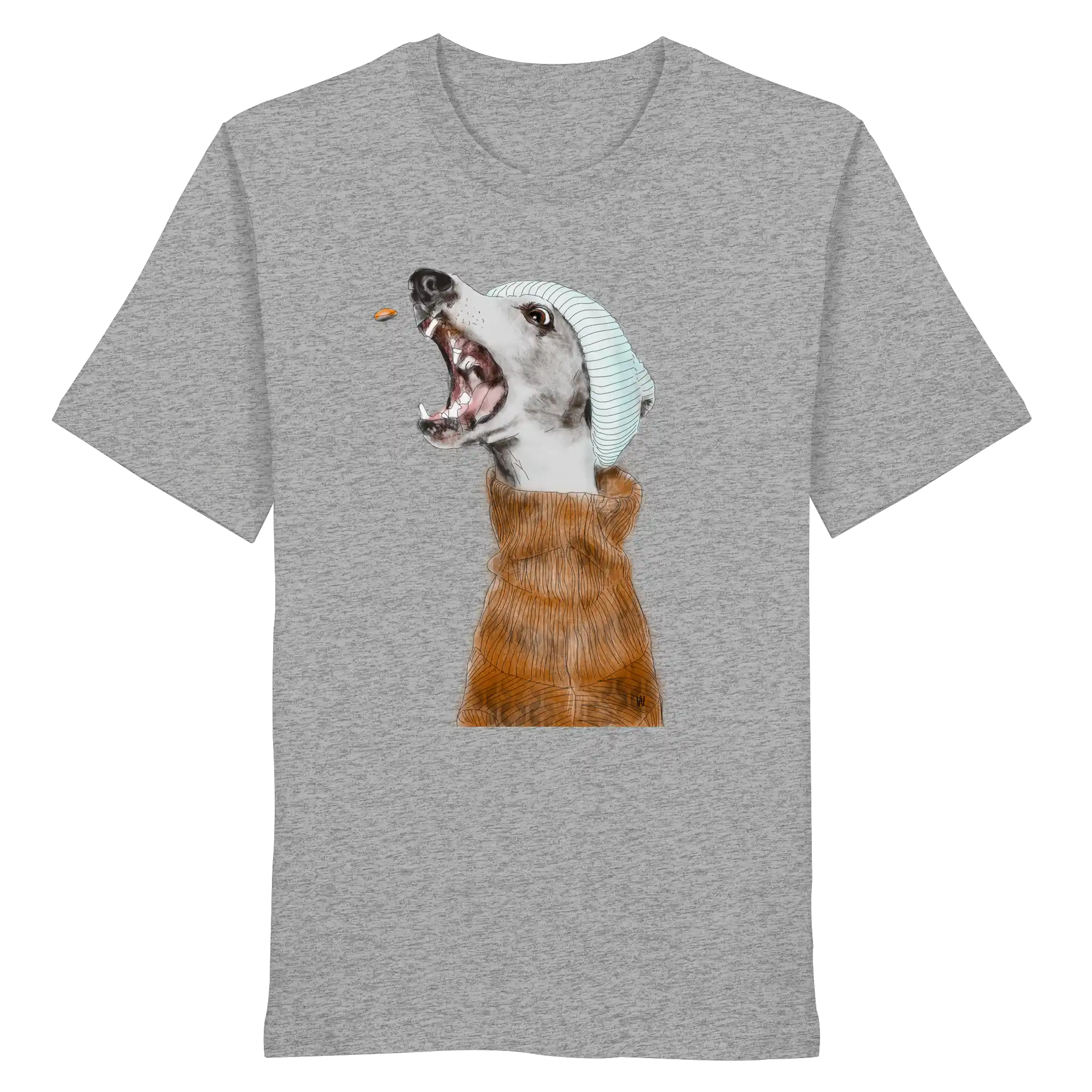 Ein männliches Model trägt die handgezeichnete Whippet-Illustration Fokussiert auf einem Bio-T-Shirt in Hellgrau meliert
