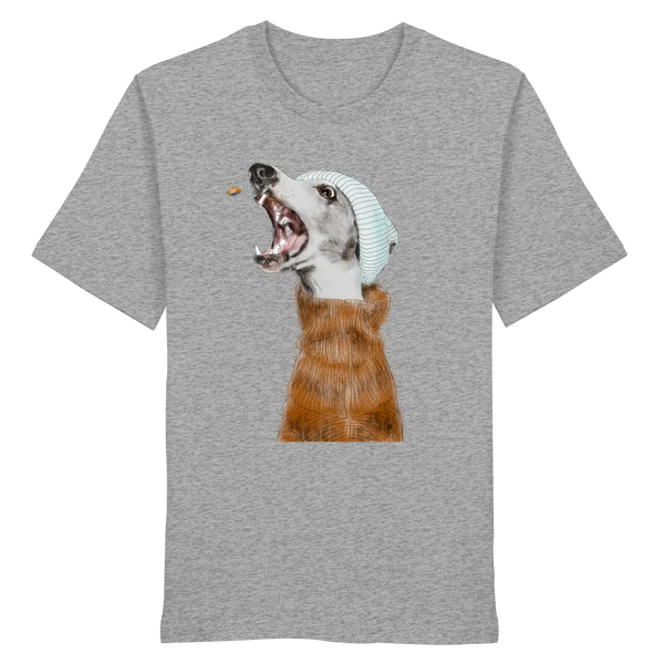 Ein männliches Model trägt die handgezeichnete Whippet-Illustration Fokussiert auf einem Bio-T-Shirt in Hellgrau meliert