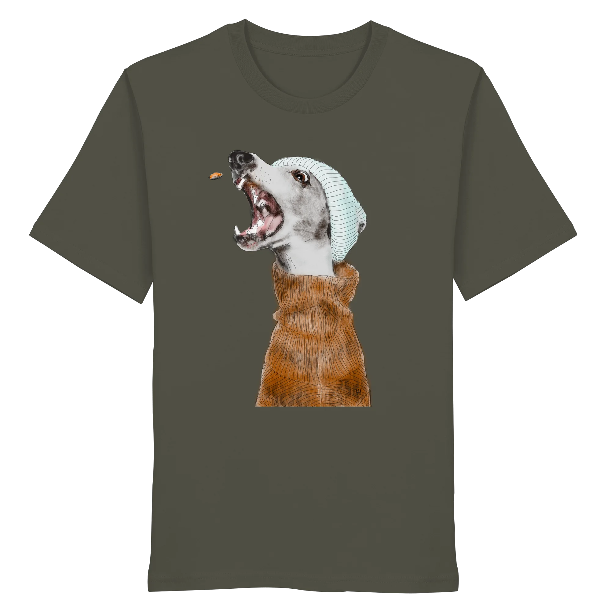 Ein männliches Model trägt die handgezeichnete Whippet-Illustration Fokussiert auf einem Bio-T-Shirt in Khaki