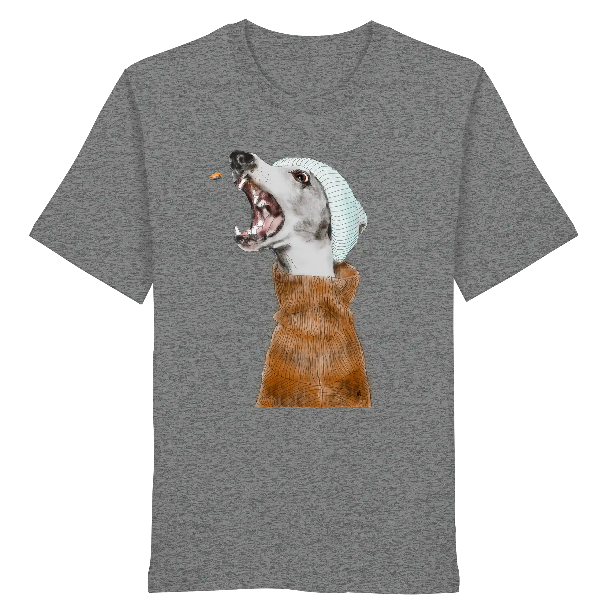 Ein männliches Model trägt die handgezeichnete Whippet-Illustration Fokussiert auf einem Bio-T-Shirt in Mittelgrau meliert