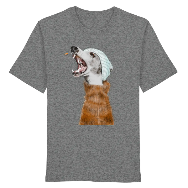 Ein männliches Model trägt die handgezeichnete Whippet-Illustration Fokussiert auf einem Bio-T-Shirt in Mittelgrau meliert