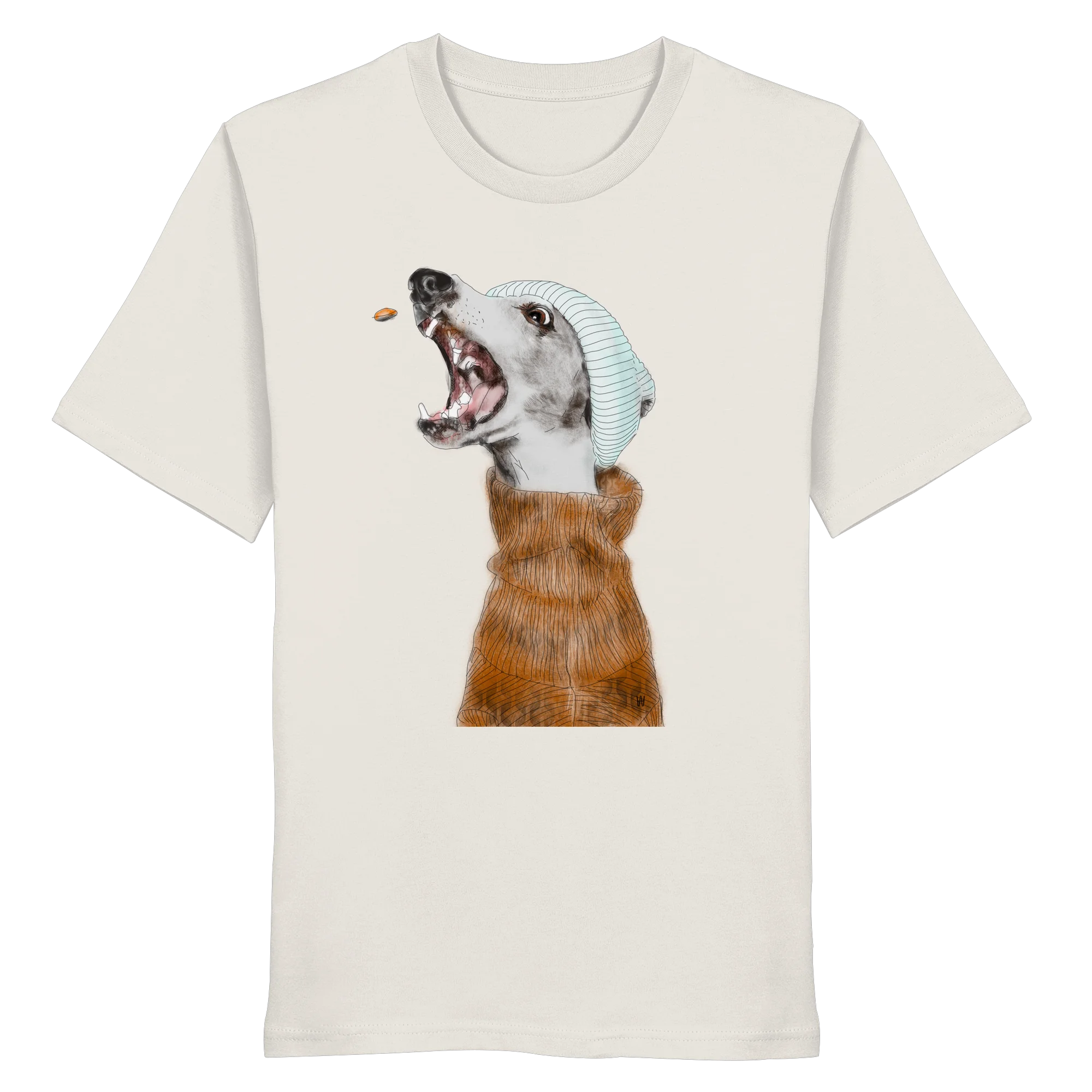 Ein männliches Model trägt die handgezeichnete Whippet-Illustration Fokussiert auf einem Bio-T-Shirt in Offwhite