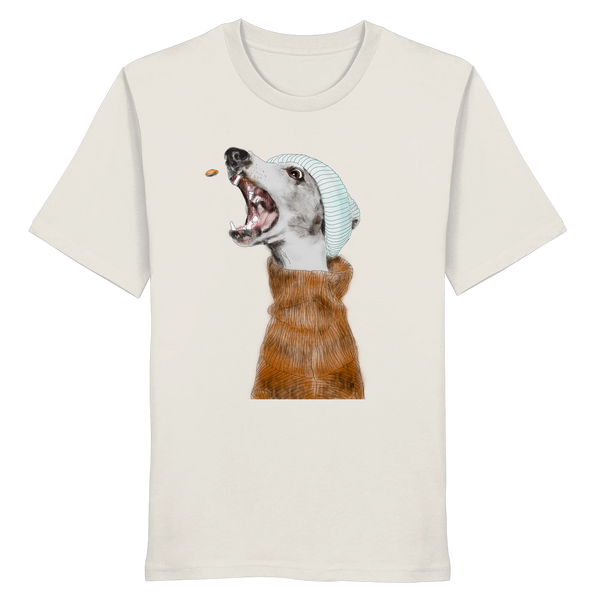 Ein männliches Model trägt die handgezeichnete Whippet-Illustration Fokussiert auf einem Bio-T-Shirt in Offwhite