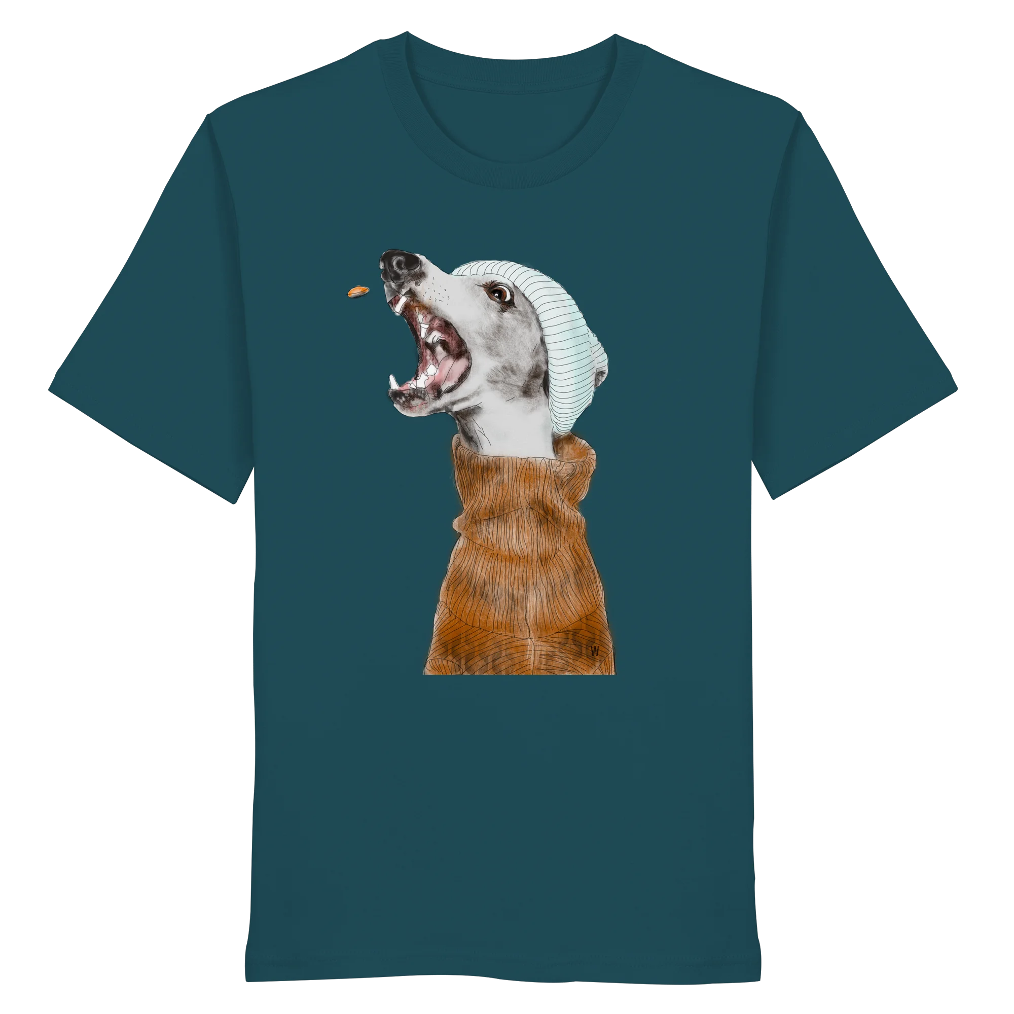 Ein männliches Model trägt die handgezeichnete Whippet-Illustration Fokussiert auf einem Bio-T-Shirt in Petrol