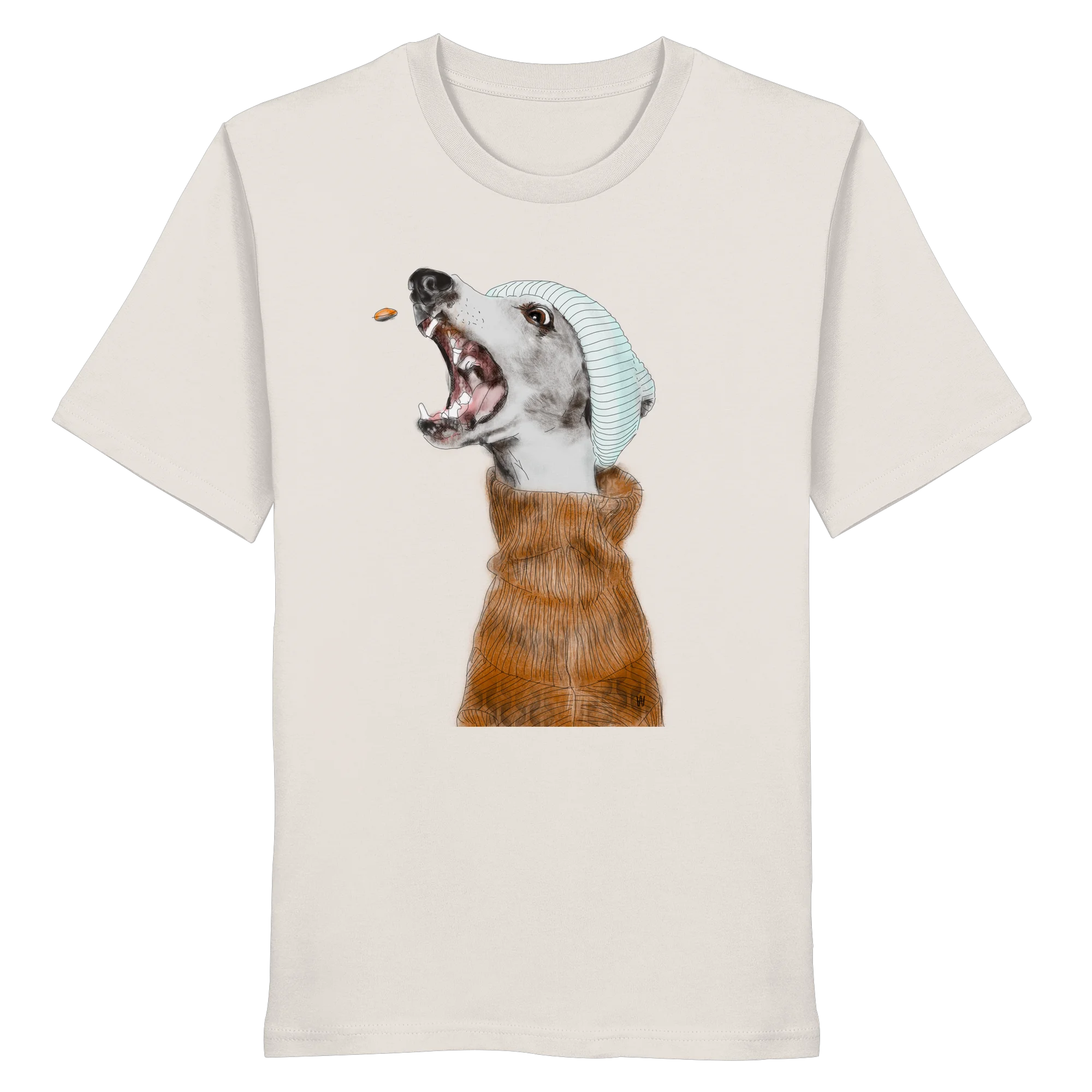 Ein männliches Model trägt die handgezeichnete Whippet-Illustration Fokussiert auf einem Bio-T-Shirt in Altweiß