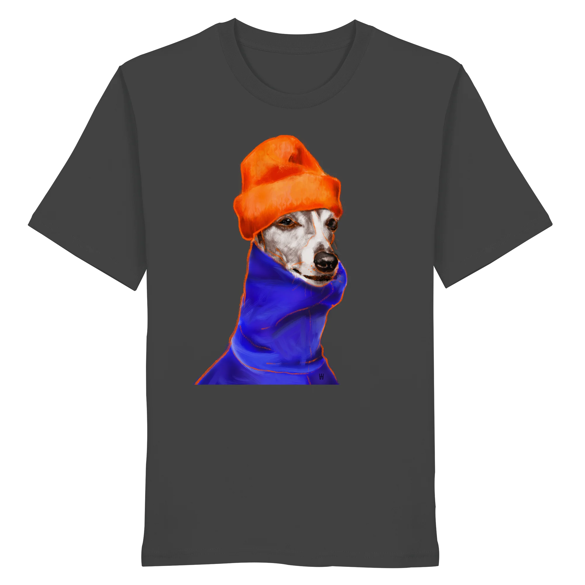 Handgezeichnetes Whippet-Motiv Souverän auf einem Bio-T-Shirt in Anthrazitgrau