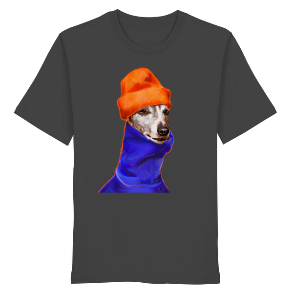 Handgezeichnetes Whippet-Motiv Souverän auf einem Bio-T-Shirt in Anthrazitgrau