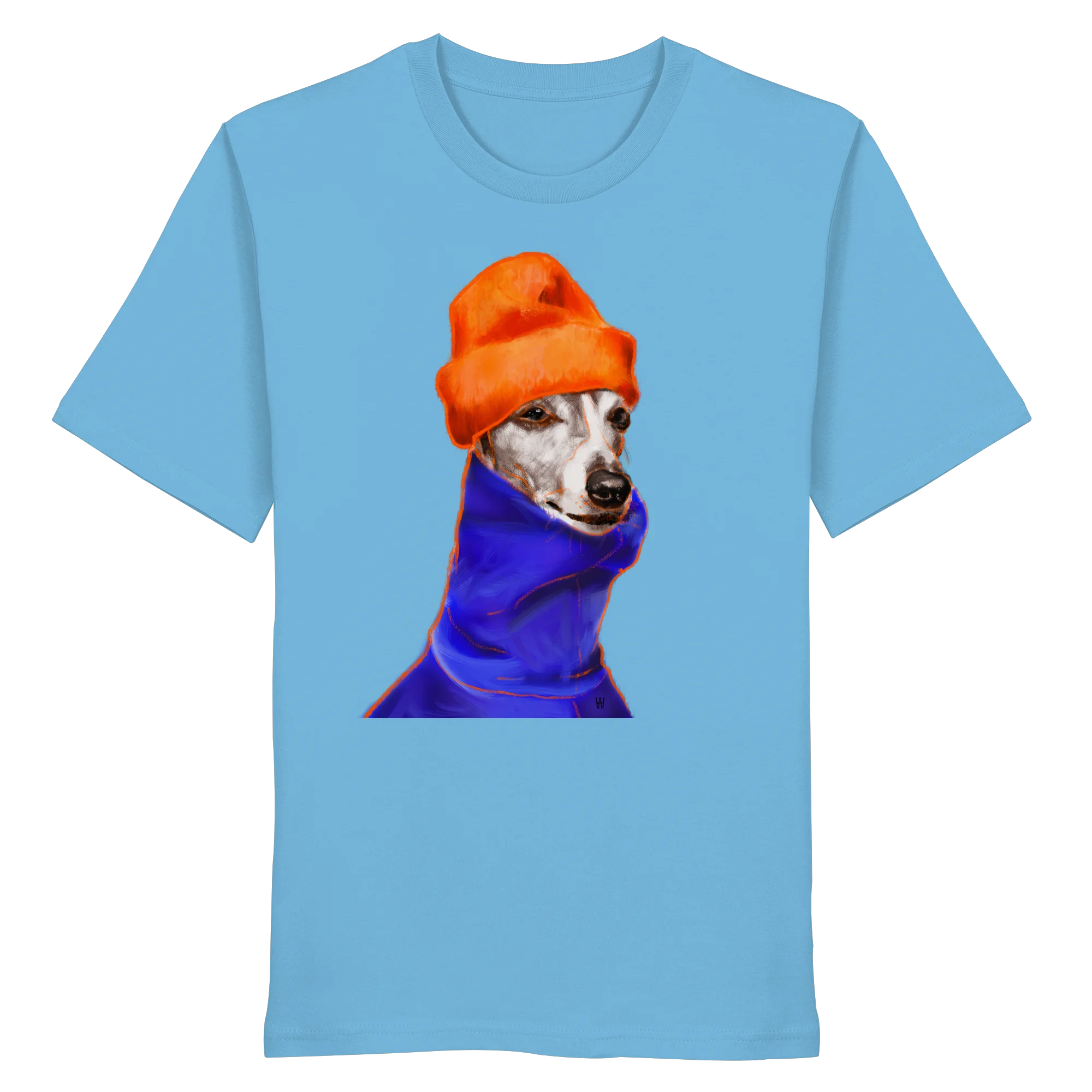 Handgezeichnetes Whippet-Motiv Souverän auf einem Bio-T-Shirt in Wasserblau