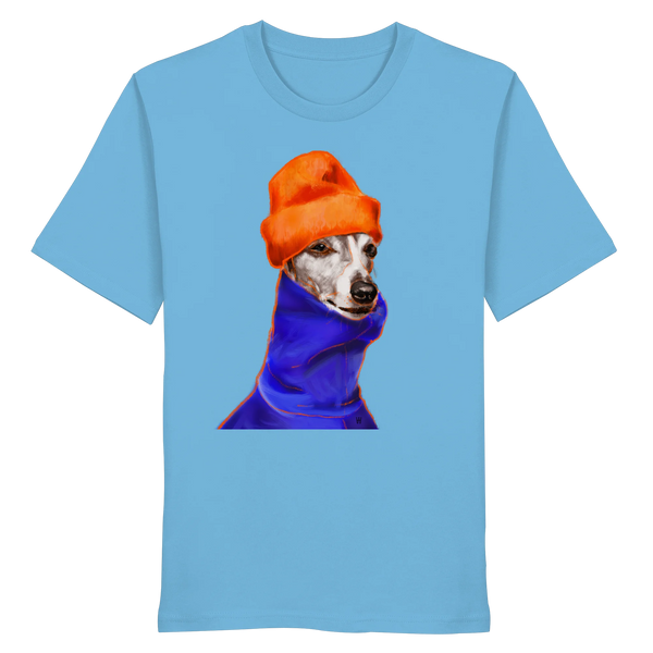 Handgezeichnetes Whippet-Motiv Souverän auf einem Bio-T-Shirt in Wasserblau