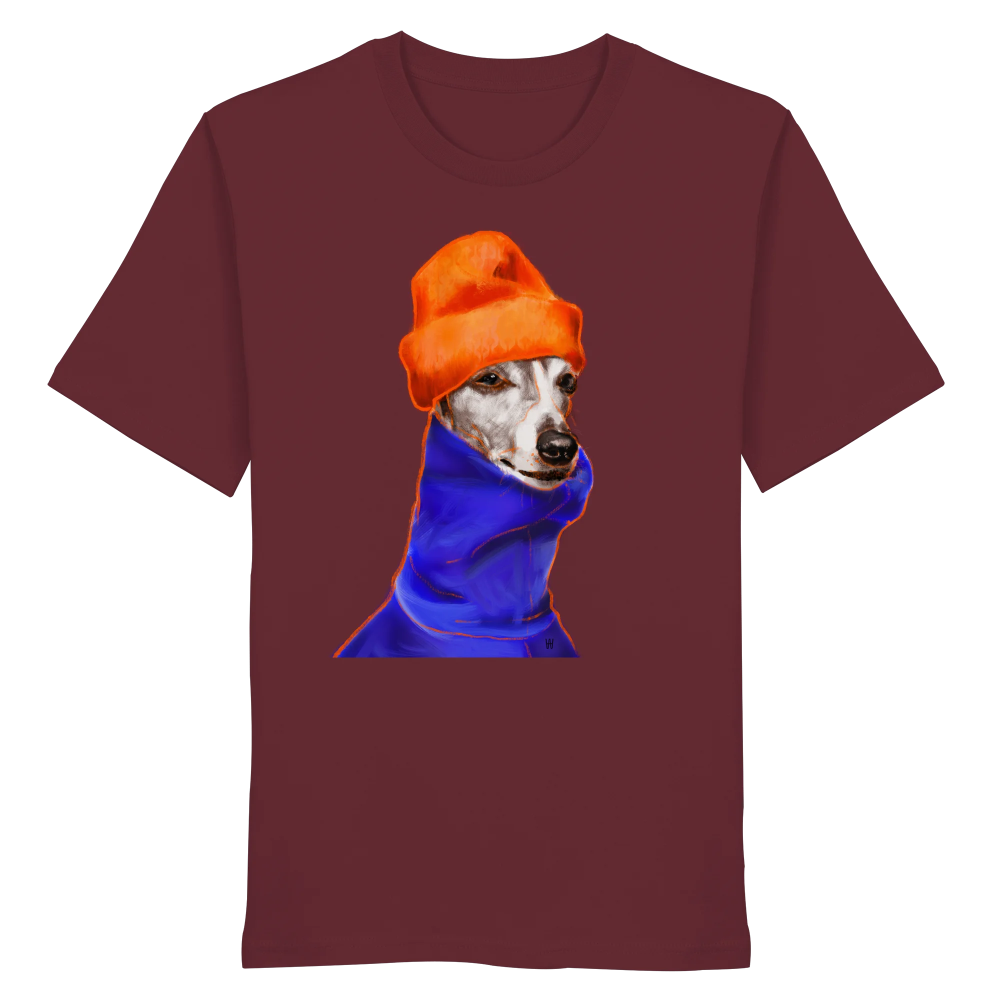 Handgezeichnetes Whippet-Motiv Souverän auf einem Bio-T-Shirt in Weinrot