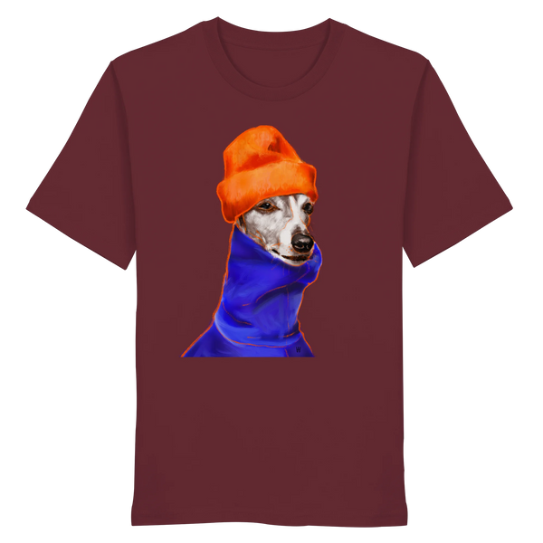 Handgezeichnetes Whippet-Motiv Souverän auf einem Bio-T-Shirt in Weinrot