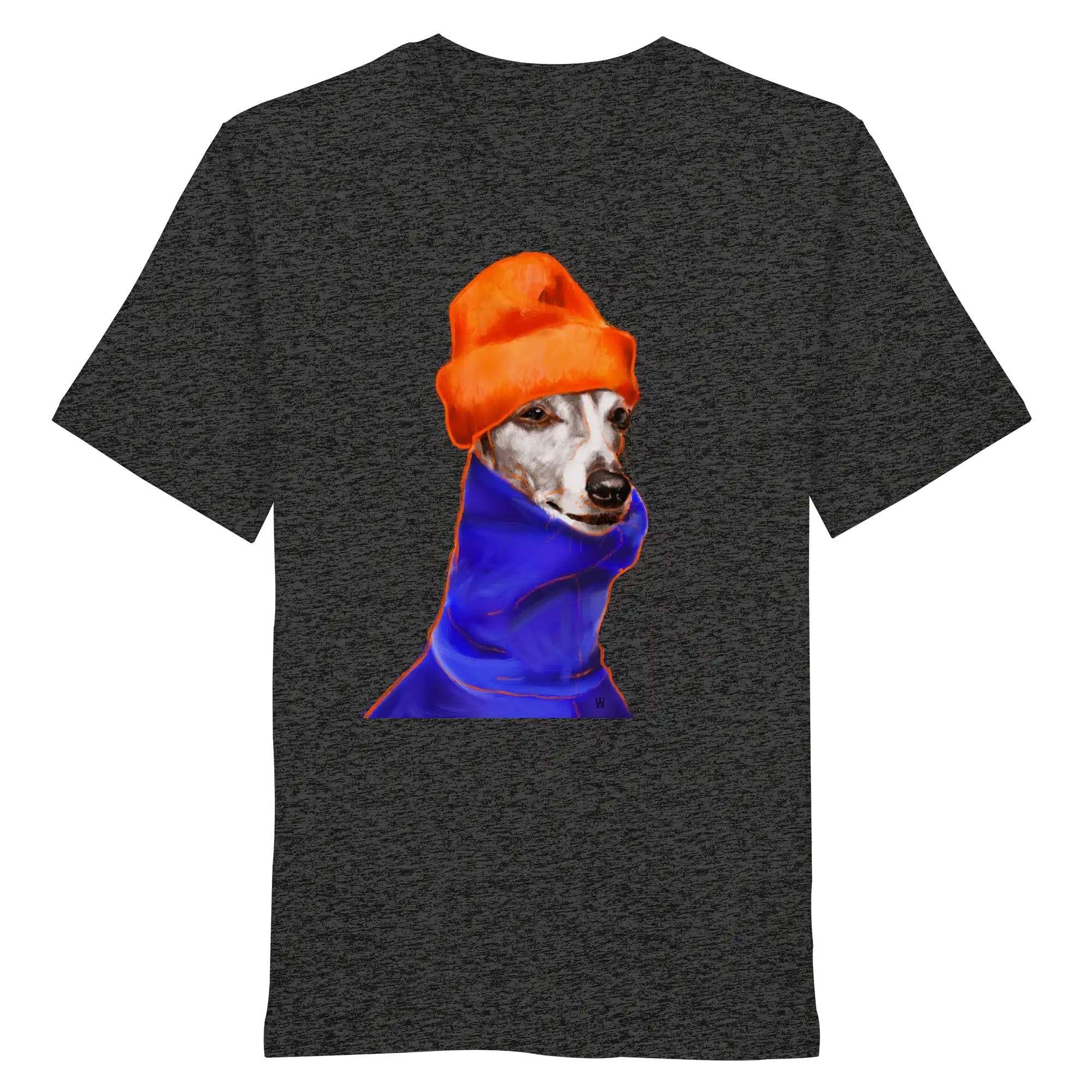 Handgezeichnetes Whippet-Motiv Souverän auf einem Bio-T-Shirt in dunkelgrau meliert
