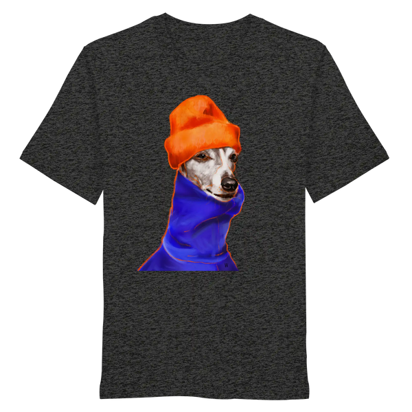 Handgezeichnetes Whippet-Motiv Souverän auf einem Bio-T-Shirt in dunkelgrau meliert
