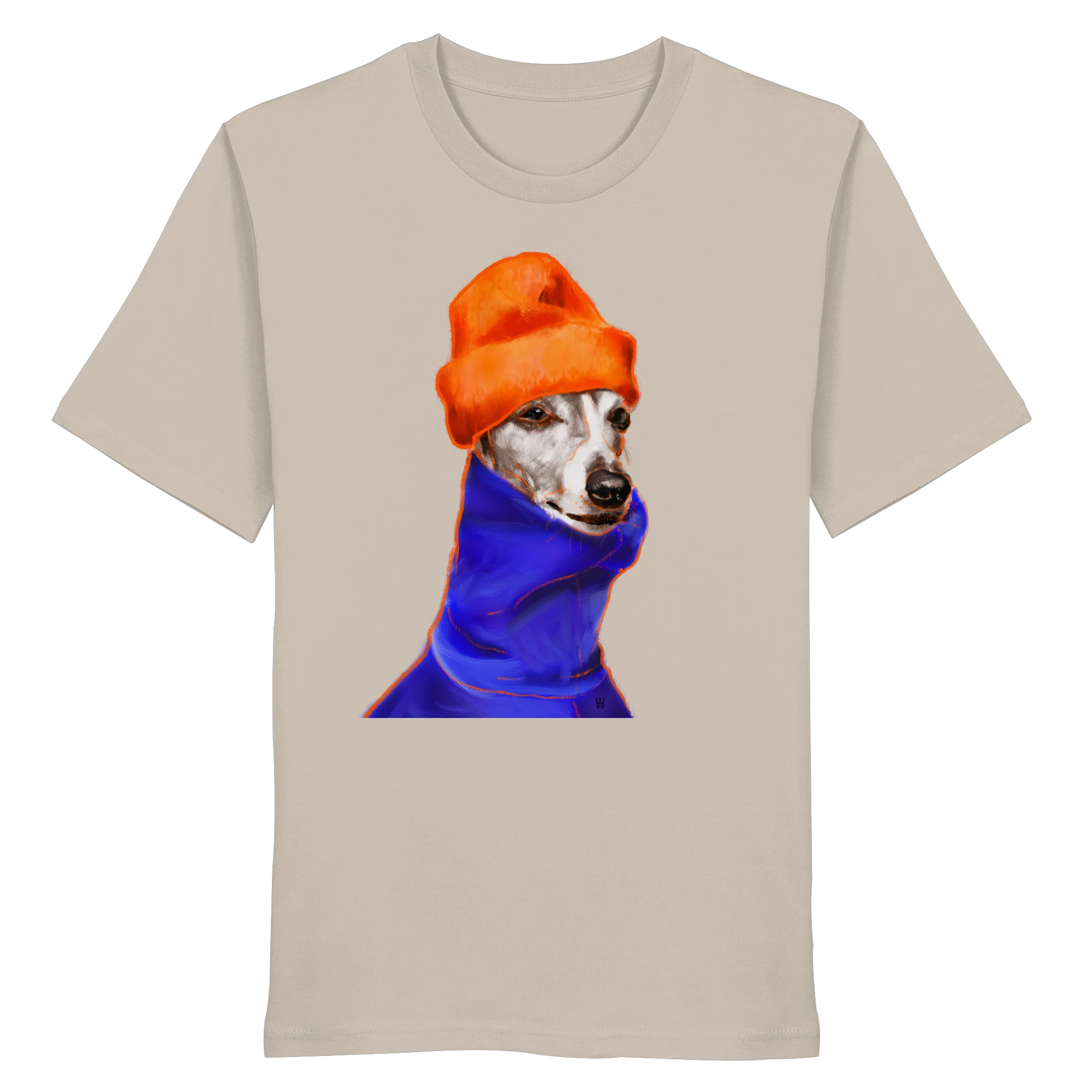 Handgezeichnetes Whippet-Motiv Souverän auf einem Bio-T-Shirt in Sandbeige