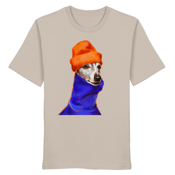 Handgezeichnetes Whippet-Motiv Souverän auf einem Bio-T-Shirt in Sandbeige