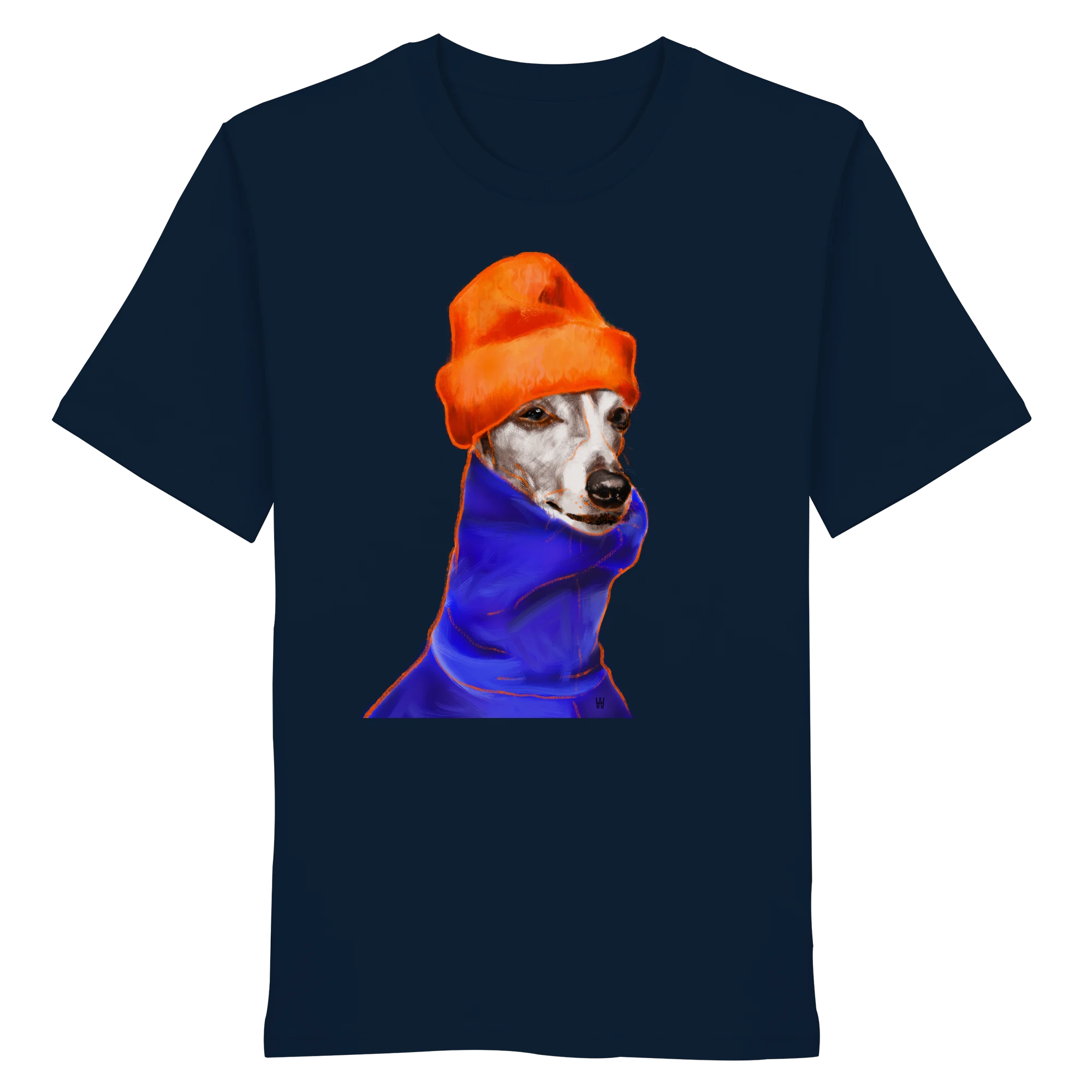 Handgezeichnetes Whippet-Motiv Souverän auf einem Bio-T-Shirt in Dunkelblau
