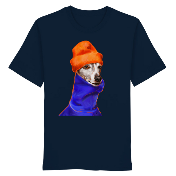Handgezeichnetes Whippet-Motiv Souverän auf einem Bio-T-Shirt in Dunkelblau
