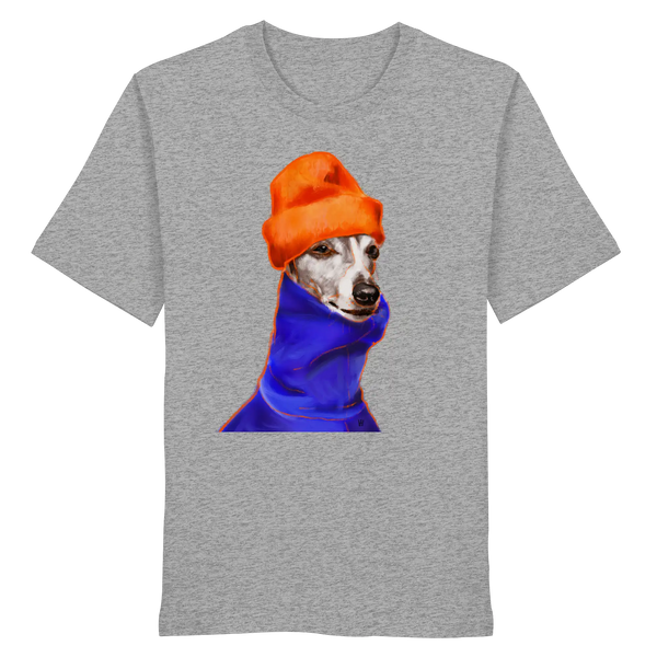Handgezeichnetes Whippet-Motiv Souverän auf einem Bio-T-Shirt in Hellgrau meliert