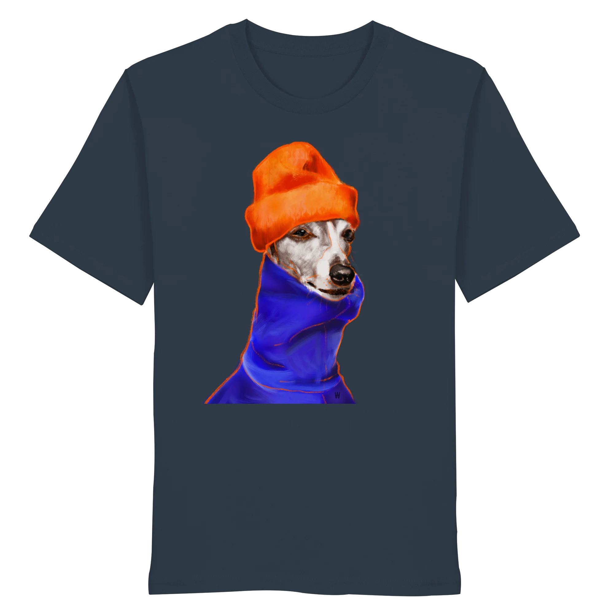 Handgezeichnetes Whippet-Motiv Souverän auf einem Bio-T-Shirt in Blaugrau
