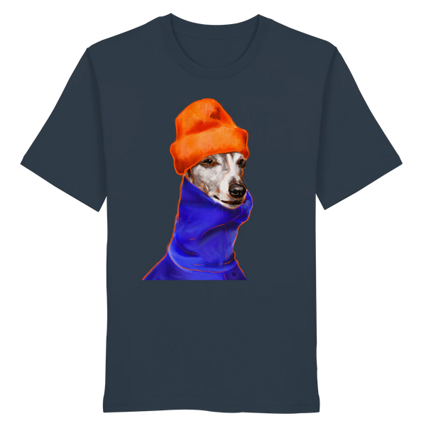 Handgezeichnetes Whippet-Motiv Souverän auf einem Bio-T-Shirt in Blaugrau