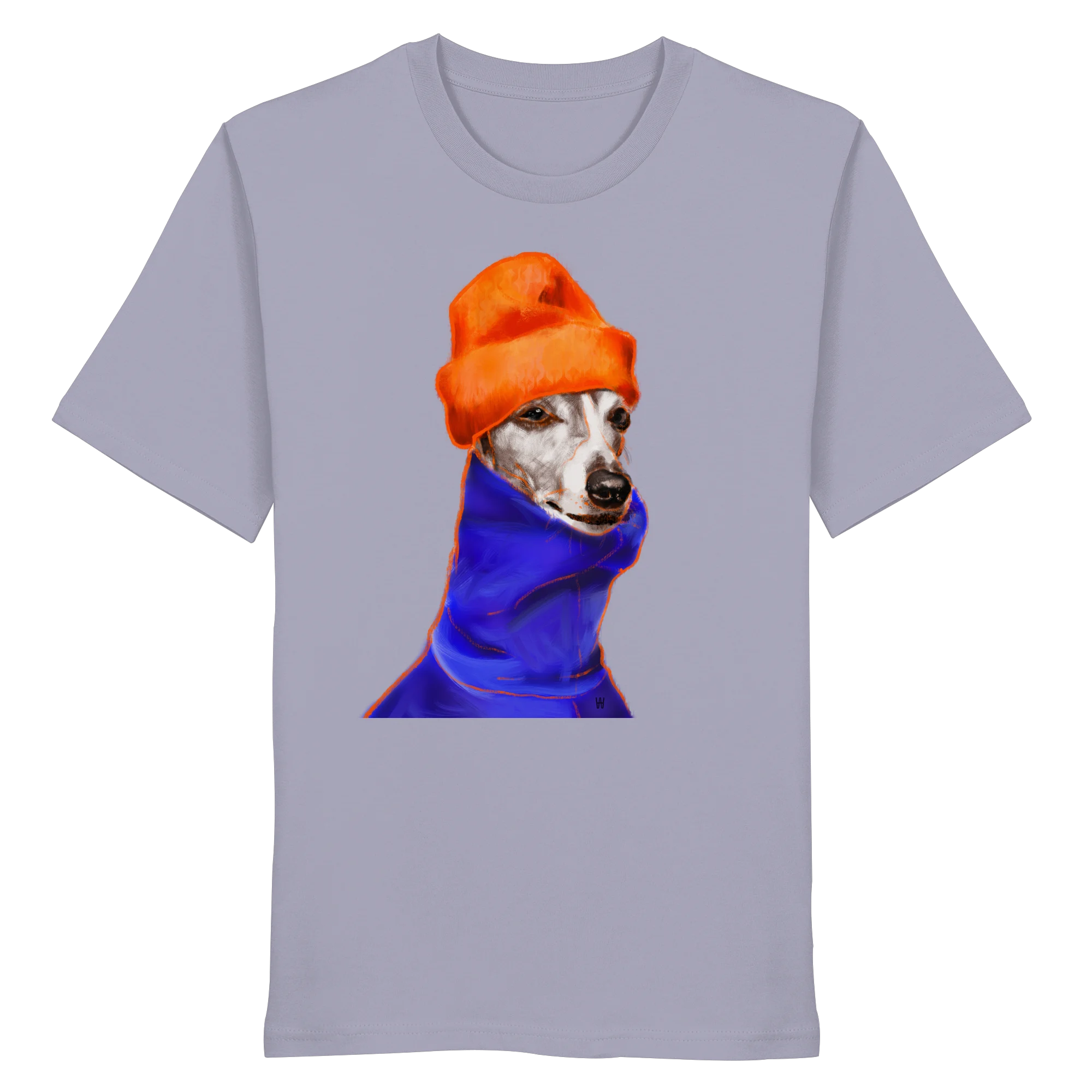 Handgezeichnetes Whippet-Motiv Souverän auf einem Bio-T-Shirt in Lila