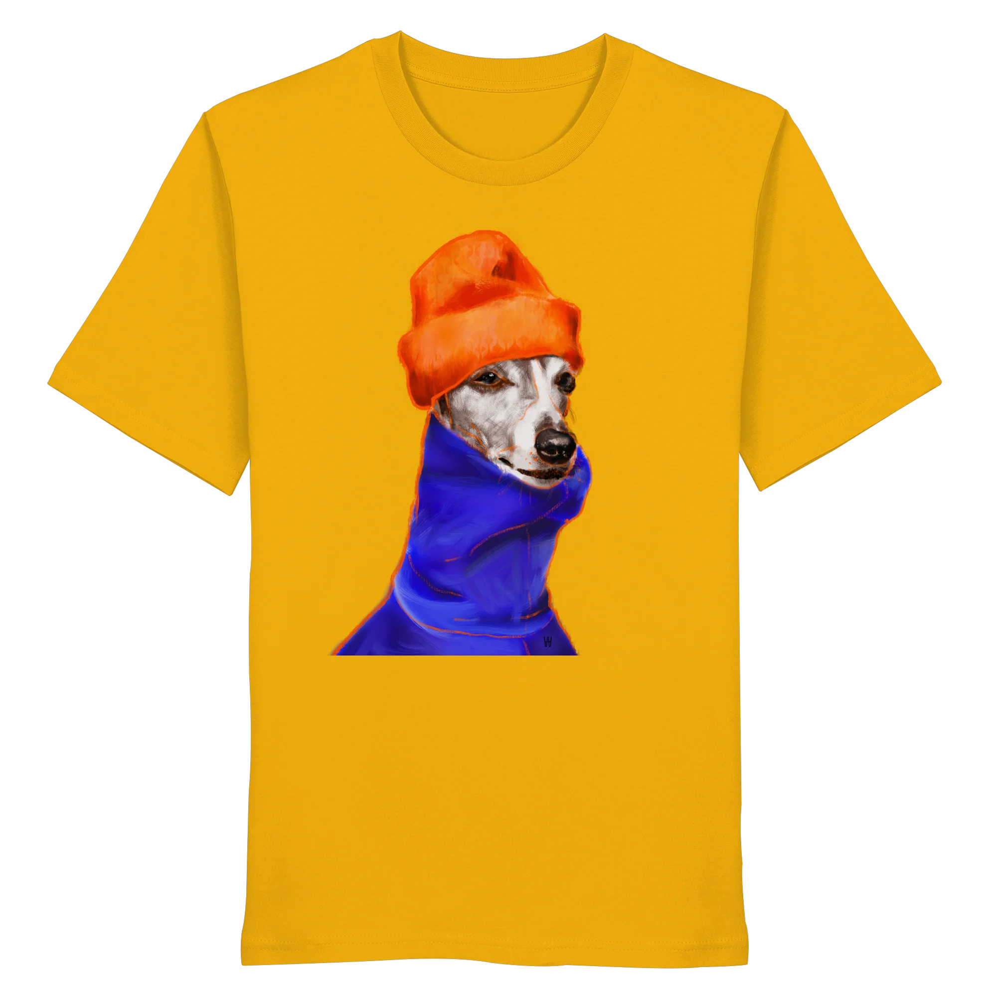 Handgezeichnetes Whippet-Motiv Souverän auf einem Bio-T-Shirt in Sonnengelb