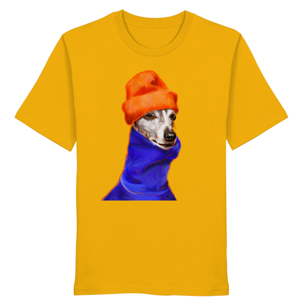 Handgezeichnetes Whippet-Motiv Souverän auf einem Bio-T-Shirt in Sonnengelb