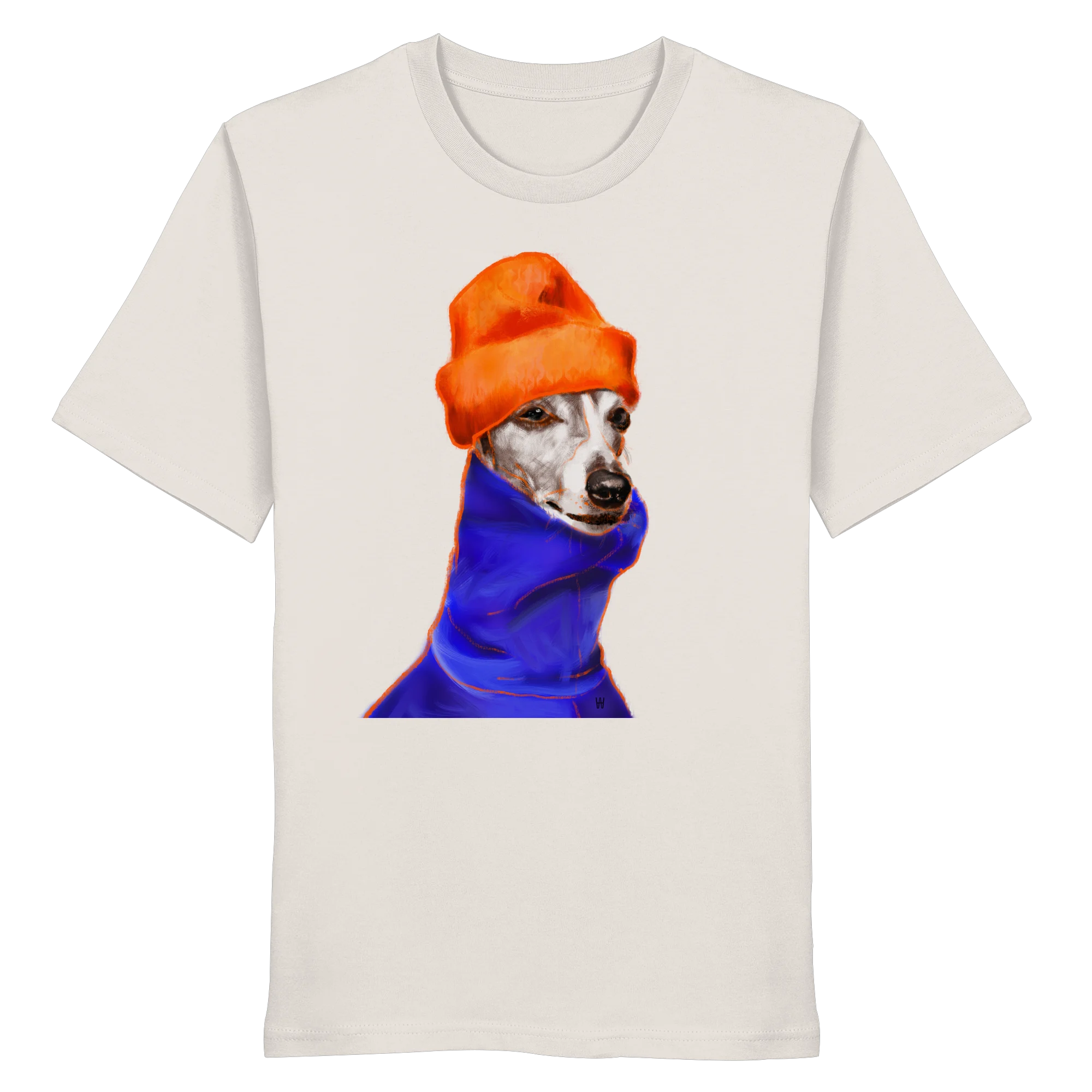 Handgezeichnetes Whippet-Motiv Souverän auf einem Bio-T-Shirt in Altweiß