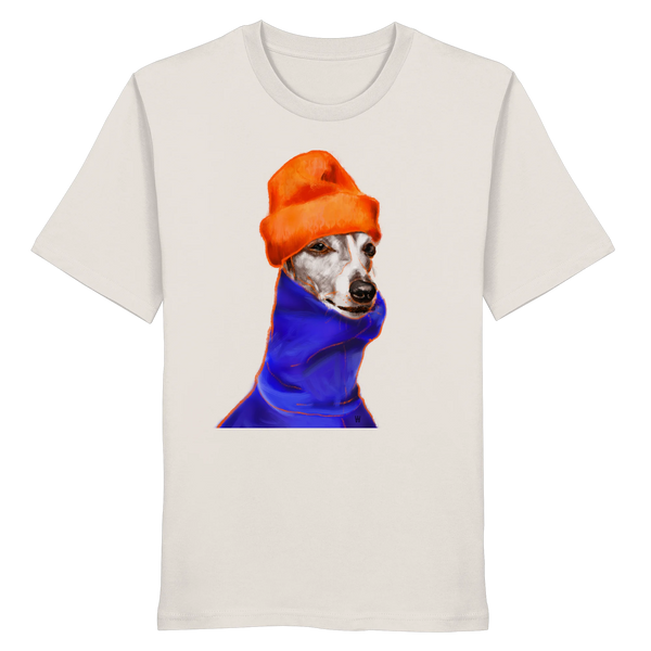 Handgezeichnetes Whippet-Motiv Souverän auf einem Bio-T-Shirt in Altweiß