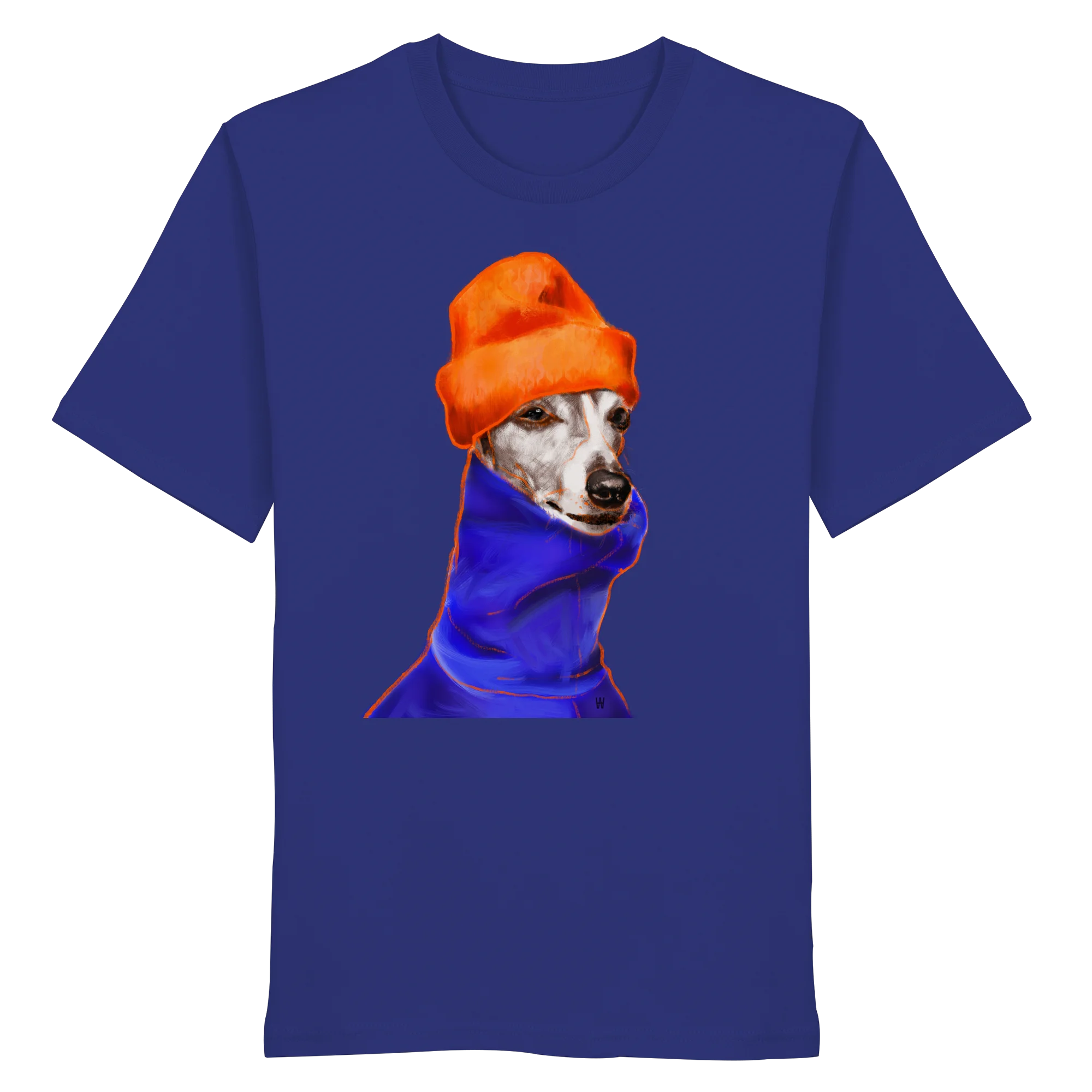 Handgezeichnetes Whippet-Motiv Souverän auf einem Bio-T-Shirt in Worker Blue