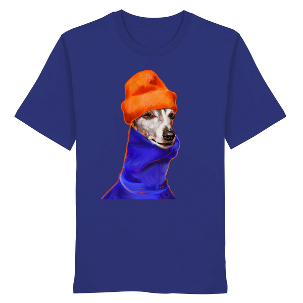 Handgezeichnetes Whippet-Motiv Souverän auf einem Bio-T-Shirt in Worker Blue