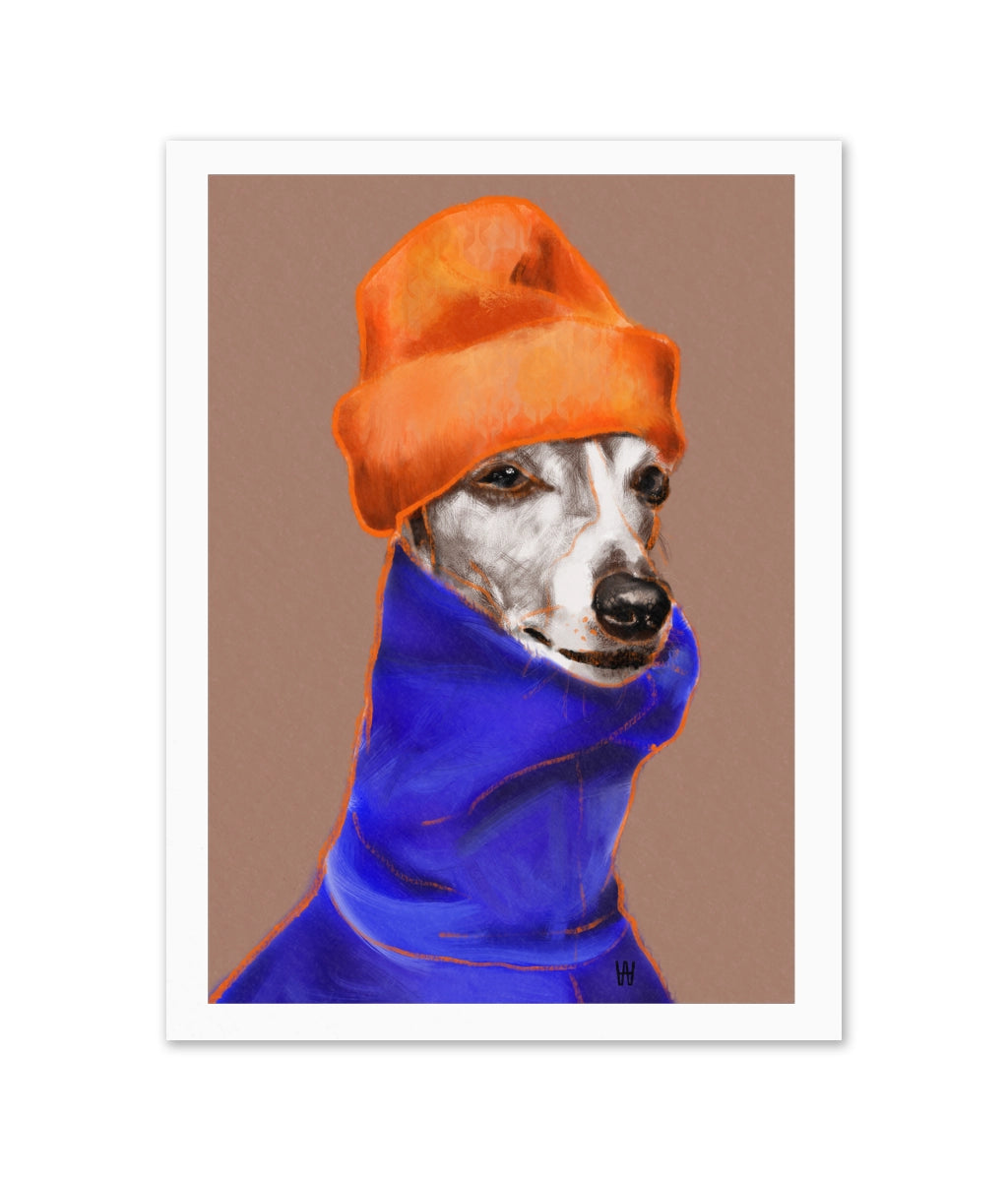 Hundeillustration von Whippet Bowie mit orangefarbener Mütze und blauem Rollkragen vor braunem Hintergrund